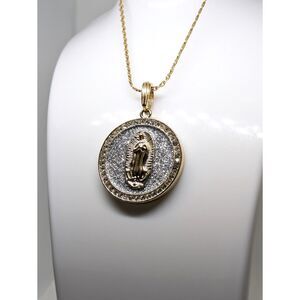 Gold Stainless Steel Virgen of De Guadalupe with sparkle Glitter 19 in. Necklace
